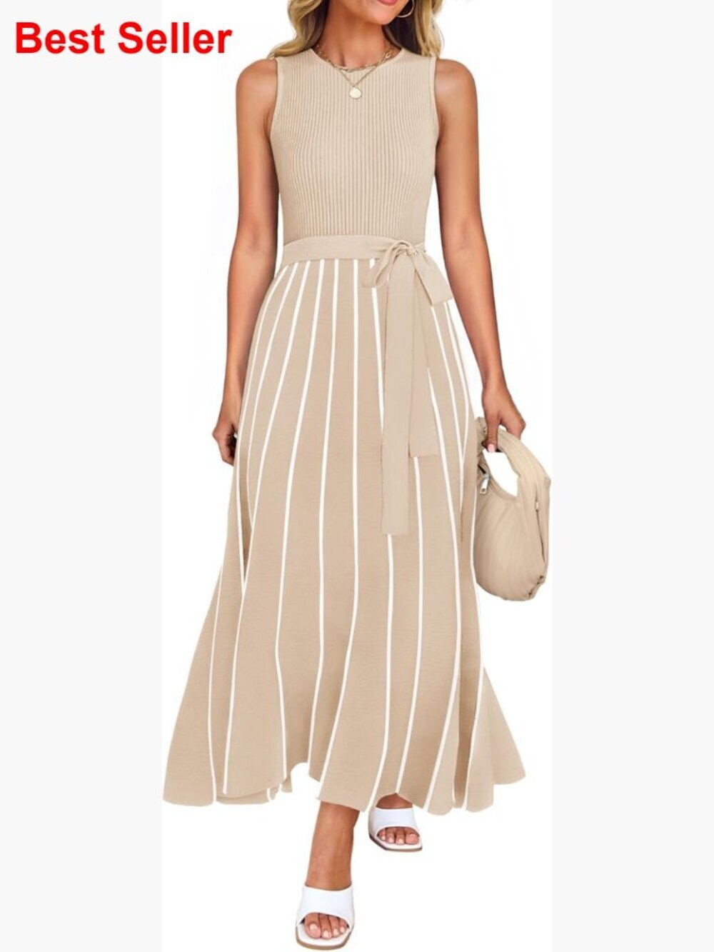 Sleeveless Crewneck Ribbed Knit Tie Waist Casual A-Line Maxi Dress